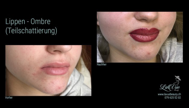 Lippen Kontur mit Schattierung Vorher Nachher Bild permanent make up microblading Thun bern wimpernverlängerung